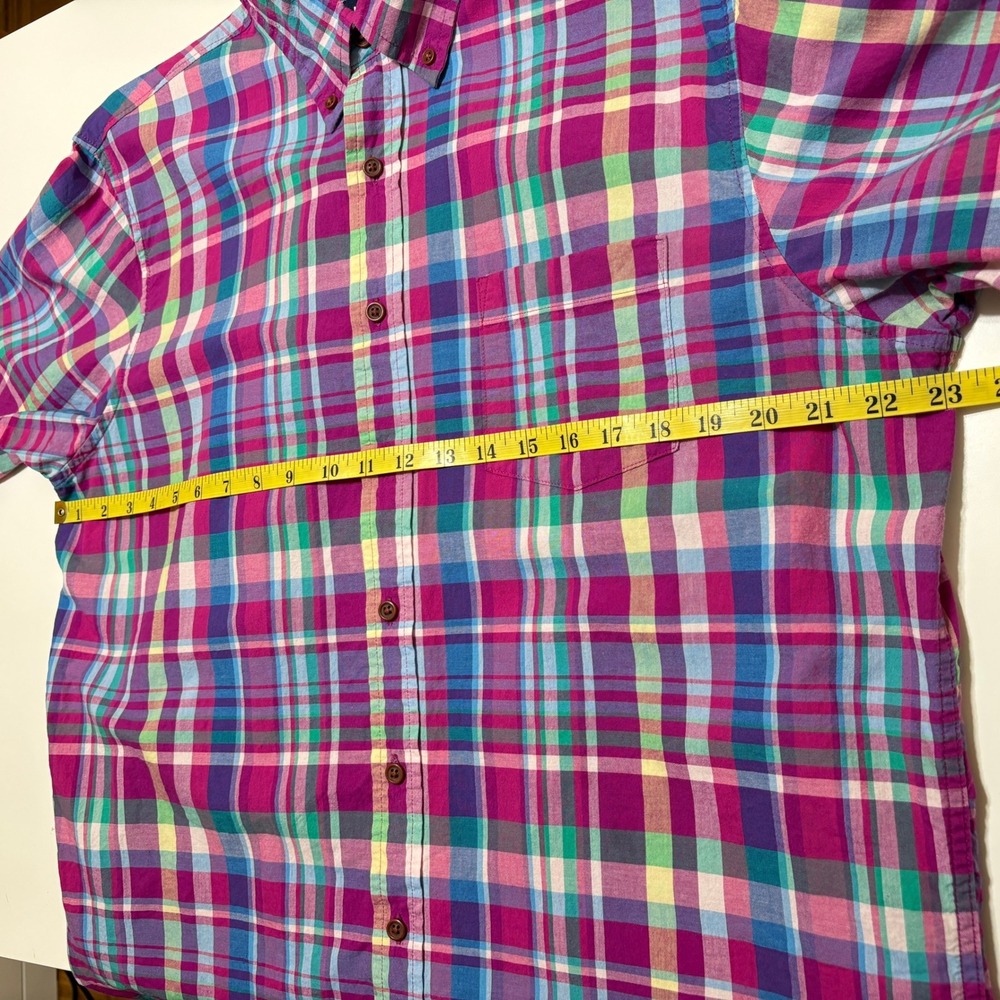 Lands End Mens Traditional Fit Plaid Madras Button Down Short Sleeve Shirt Large - Picture 8 of 12